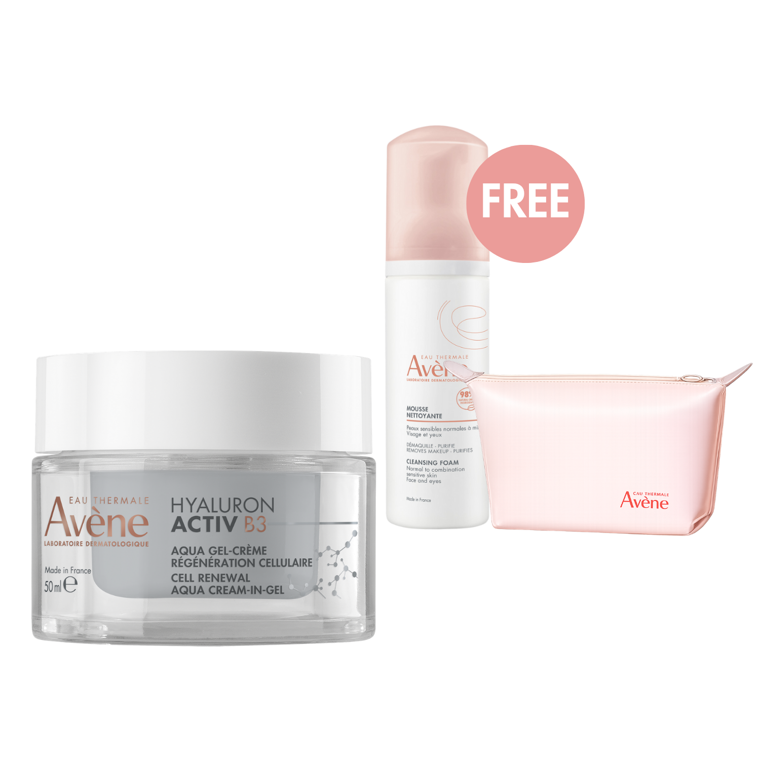 Avène Hyaluron Activ B3 Cell Renewal Aqua Cream-in-Gel 50 ml Bundle + FREE Cleansing Foam & Toiletry Bag